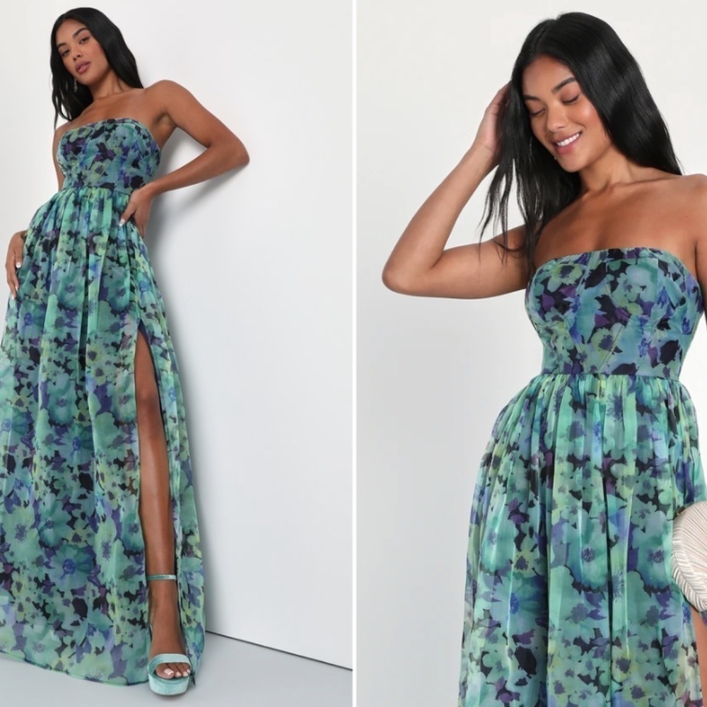 Lulu's Strapless Floral Maxi Dress in Teal, Blue & Green